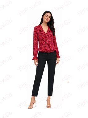 INC Ruffle Tie Neck Blouse Pink Brown Geometric Print Long Sleeve Size S